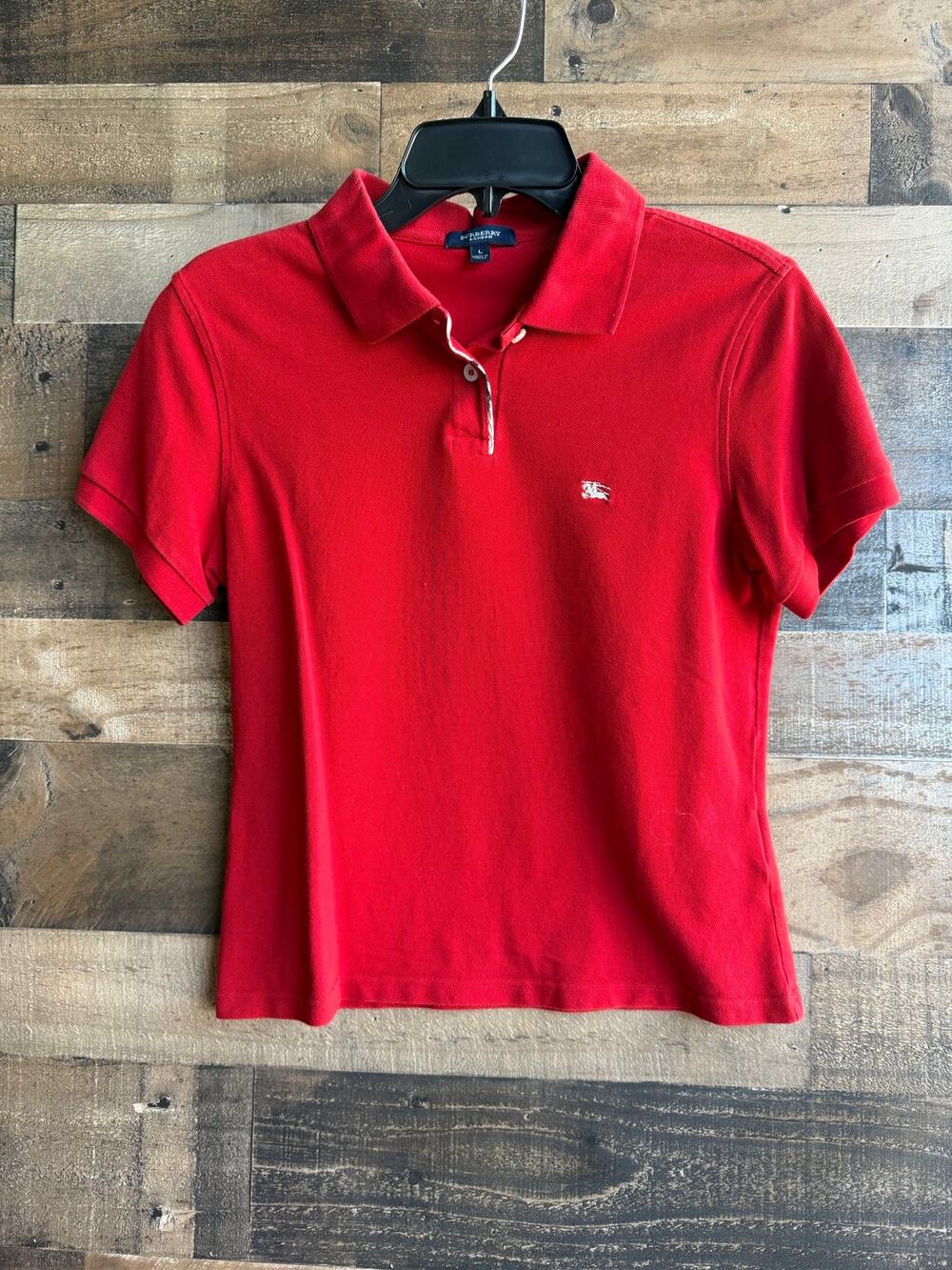 Burberry London Women’s Red Polo Shirt Sz L Short Sleeve Nova Check Placket Logo
